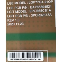 FUENTE DE PODER PARA TV LG / NUMERO DE PARTE EAY65894521 / EPCB65CB1A / LGP77G1-21OP / 3PCR02873A / 65894521 / PANEL LE770AQS(EP)(A1)  / MODELO OLED77G1PUA.BUSWLJR